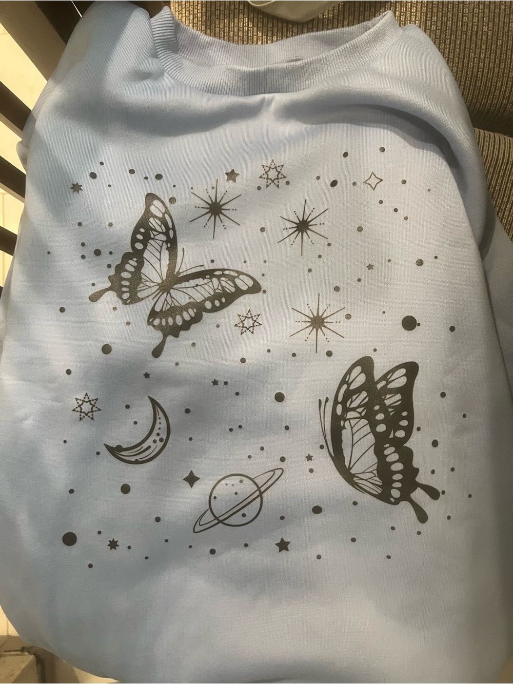 SHEIN Women’s Light Blue Butterfly & Celestial Graphic Long Sleeve Sweatshirt - Picture 3 of 6